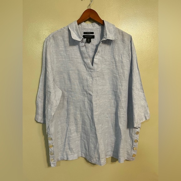 Tahari Womens 100% Linen Light Blue Side Buttons V Neck Lagenlook Tunic Top 1X - Picture 1 of 11
